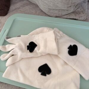 kate spade Cream hat and Mittens with Black Heart Accents
